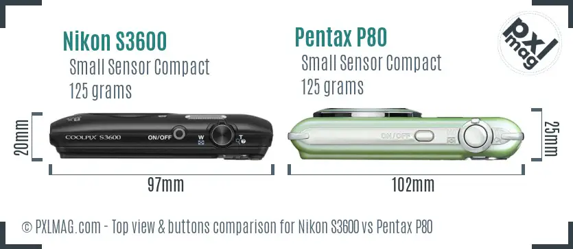 Nikon S3600 vs Pentax P80 top view buttons comparison
