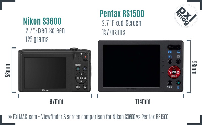 Nikon S3600 vs Pentax RS1500 Screen and Viewfinder comparison