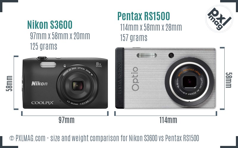 Nikon S3600 vs Pentax RS1500 size comparison