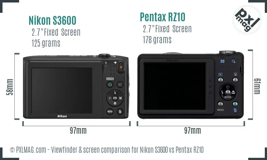 Nikon S3600 vs Pentax RZ10 Screen and Viewfinder comparison