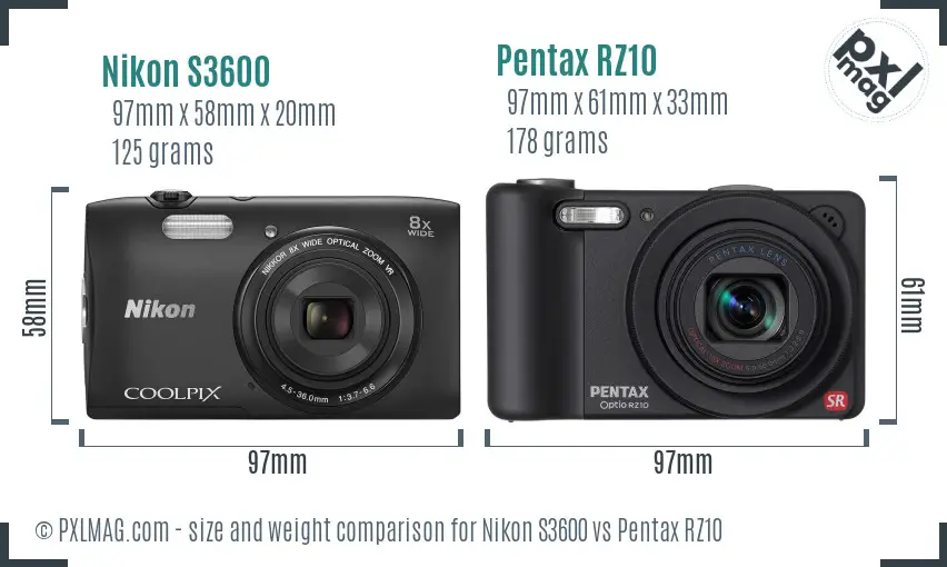 Nikon S3600 vs Pentax RZ10 size comparison