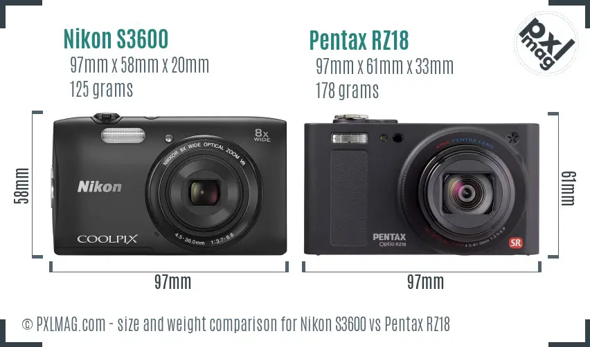 Nikon S3600 vs Pentax RZ18 size comparison