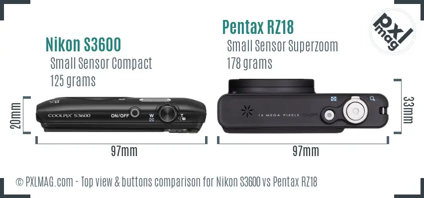 Nikon S3600 vs Pentax RZ18 top view buttons comparison