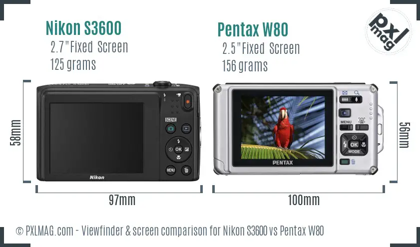 Nikon S3600 vs Pentax W80 Screen and Viewfinder comparison Nikon S3600 vs Pentax W80 Screen and Viewfinder comparison
