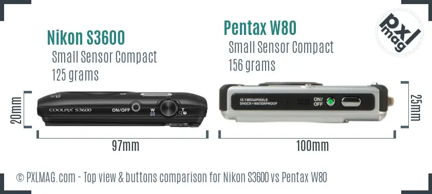 Nikon S3600 vs Pentax W80 top view buttons comparison Nikon S3600 vs Pentax W80 top view buttons comparison
