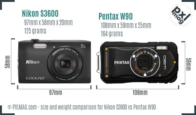 Nikon S3600 vs Pentax W90 size comparison