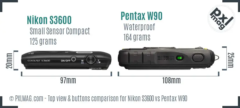 Nikon S3600 vs Pentax W90 top view buttons comparison