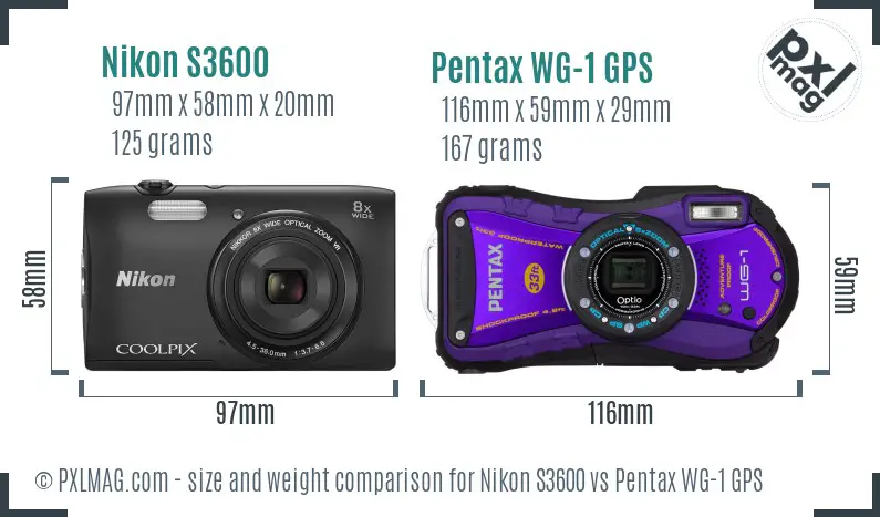 Nikon S3600 vs Pentax WG-1 GPS size comparison