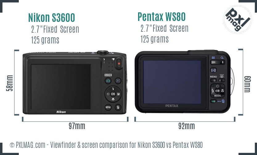 Nikon S3600 vs Pentax WS80 Screen and Viewfinder comparison