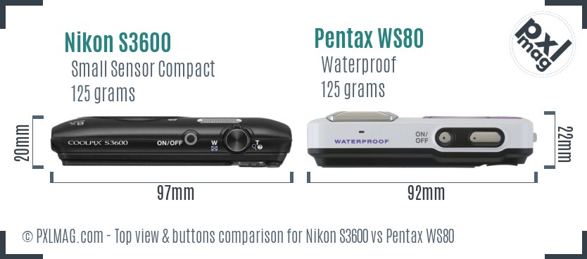 Nikon S3600 vs Pentax WS80 top view buttons comparison
