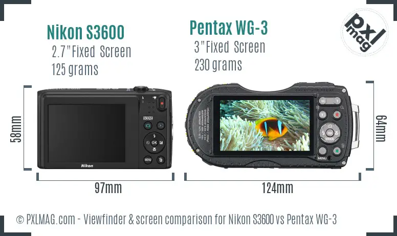 Nikon S3600 vs Pentax WG-3 Screen and Viewfinder comparison