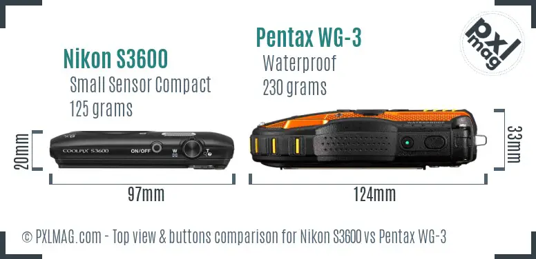 Nikon S3600 vs Pentax WG-3 top view buttons comparison