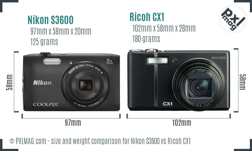 Nikon S3600 vs Ricoh CX1 size comparison