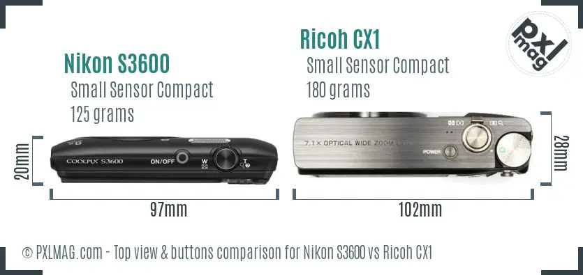 Nikon S3600 vs Ricoh CX1 top view buttons comparison