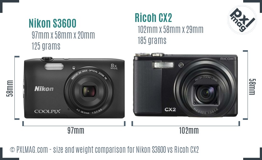 Nikon S3600 vs Ricoh CX2 size comparison