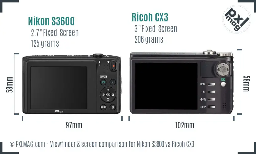 Nikon S3600 vs Ricoh CX3 Screen and Viewfinder comparison
