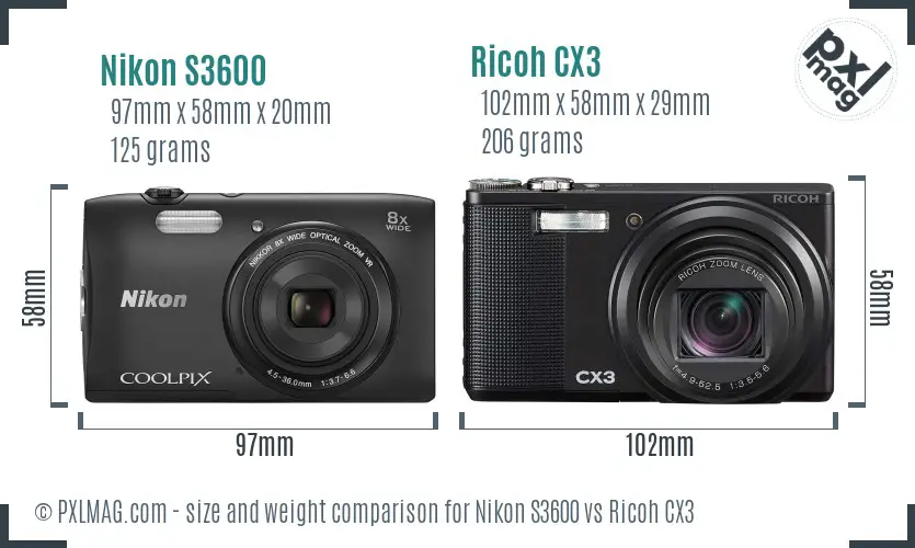 Nikon S3600 vs Ricoh CX3 size comparison