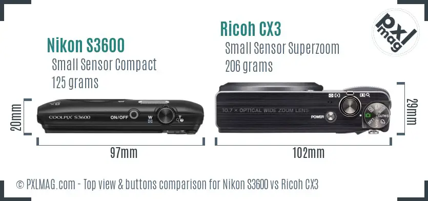 Nikon S3600 vs Ricoh CX3 top view buttons comparison