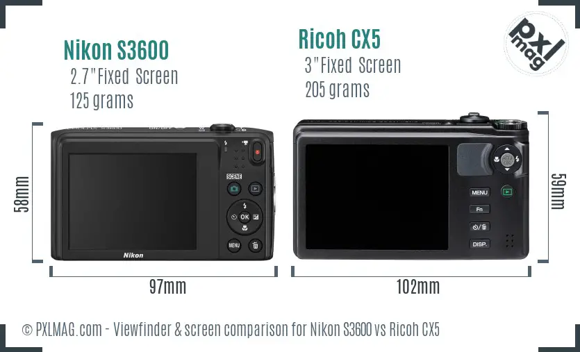 Nikon S3600 vs Ricoh CX5 Screen and Viewfinder comparison Nikon S3600 vs Ricoh CX5 Screen and Viewfinder comparison