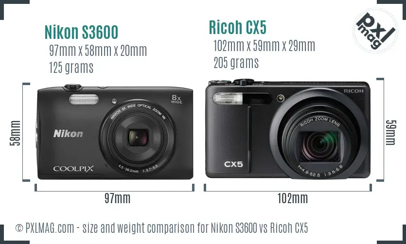 Nikon S3600 vs Ricoh CX5 size comparison Nikon S3600 vs Ricoh CX5 size comparison