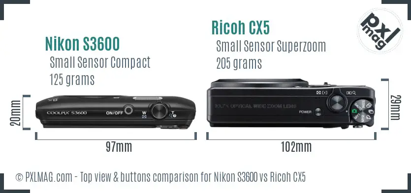 Nikon S3600 vs Ricoh CX5 top view buttons comparison Nikon S3600 vs Ricoh CX5 top view buttons comparison