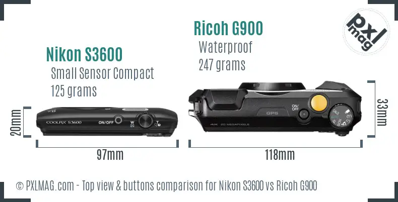 Nikon S3600 vs Ricoh G900 top view buttons comparison