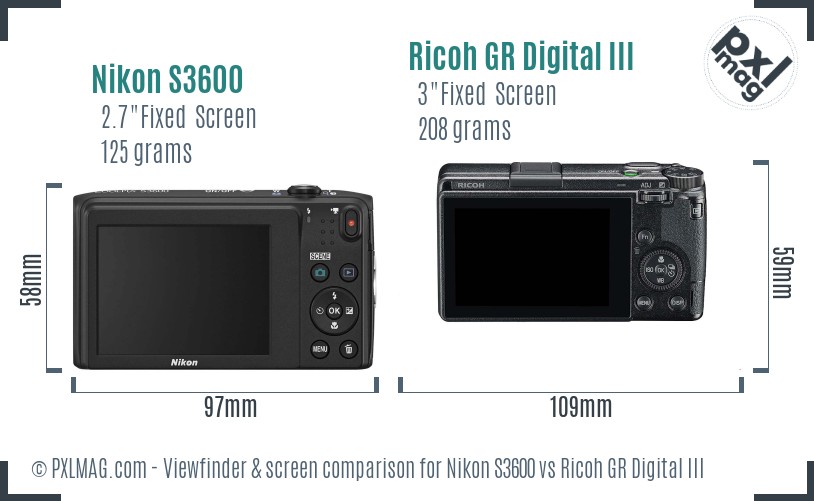 Nikon S3600 vs Ricoh GR Digital III Screen and Viewfinder comparison