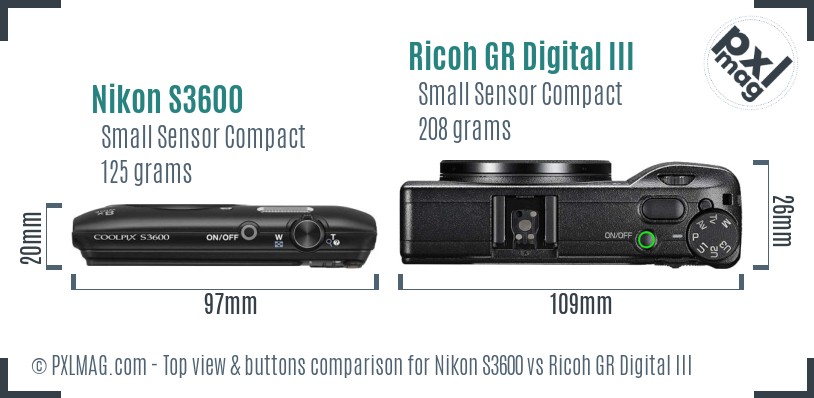 Nikon S3600 vs Ricoh GR Digital III top view buttons comparison