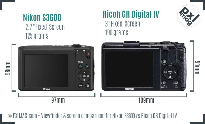 Nikon S3600 vs Ricoh GR Digital IV Screen and Viewfinder comparison