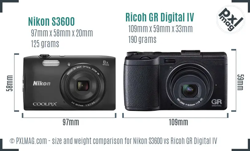 Nikon S3600 vs Ricoh GR Digital IV size comparison