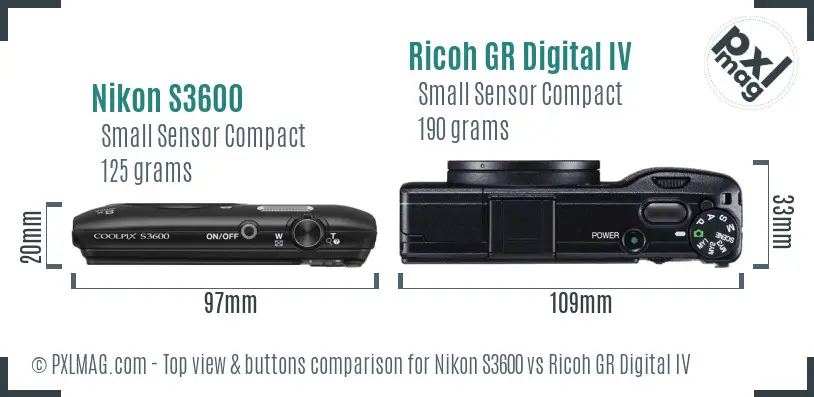 Nikon S3600 vs Ricoh GR Digital IV top view buttons comparison