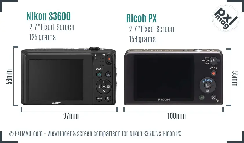 Nikon S3600 vs Ricoh PX Screen and Viewfinder comparison