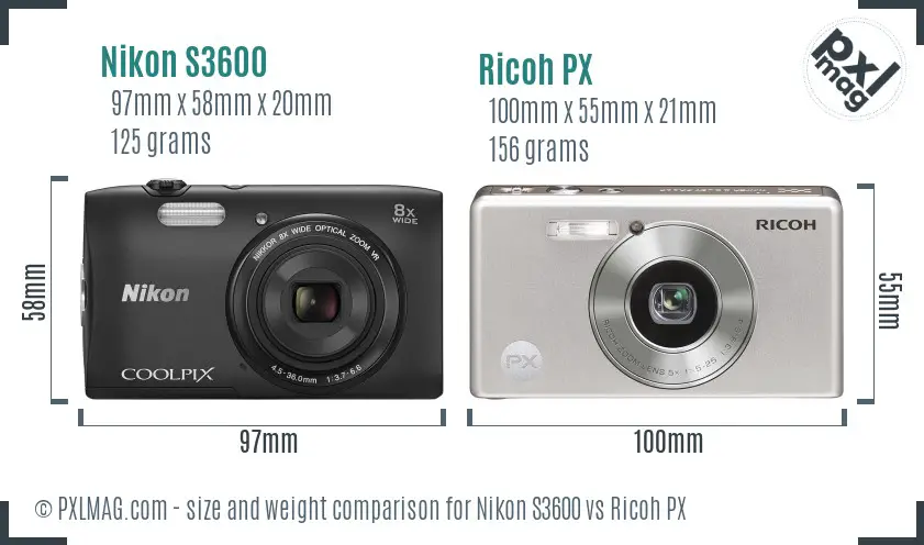 Nikon S3600 vs Ricoh PX size comparison