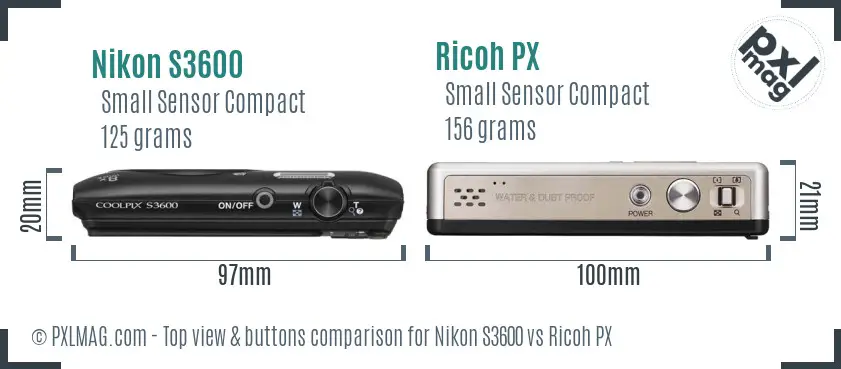 Nikon S3600 vs Ricoh PX top view buttons comparison