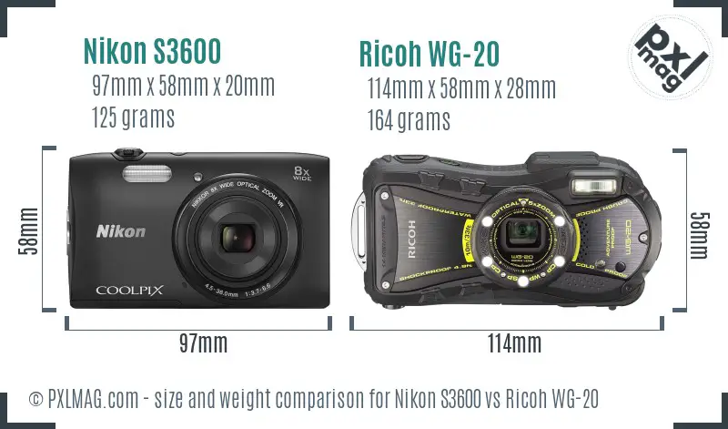 Nikon S3600 vs Ricoh WG-20 size comparison