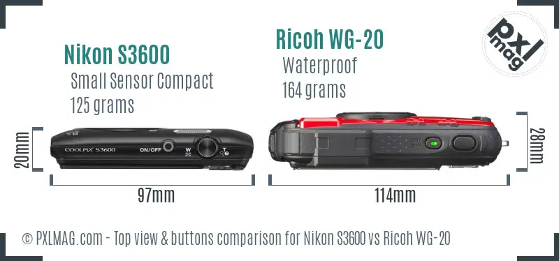 Nikon S3600 vs Ricoh WG-20 top view buttons comparison
