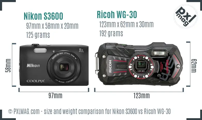 Nikon S3600 vs Ricoh WG-30 size comparison
