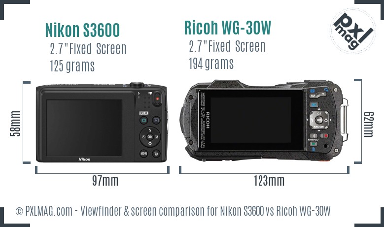 Nikon S3600 vs Ricoh WG-30W Screen and Viewfinder comparison