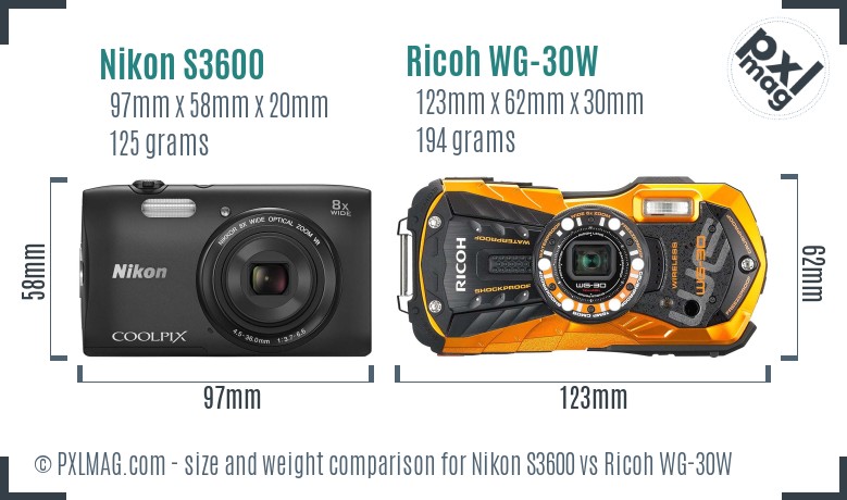 Nikon S3600 vs Ricoh WG-30W size comparison