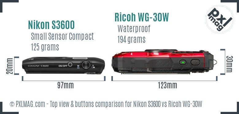 Nikon S3600 vs Ricoh WG-30W top view buttons comparison