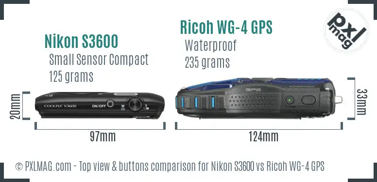 Nikon S3600 vs Ricoh WG-4 GPS top view buttons comparison