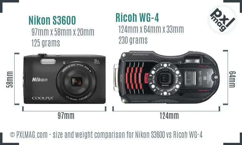 Nikon S3600 vs Ricoh WG-4 size comparison