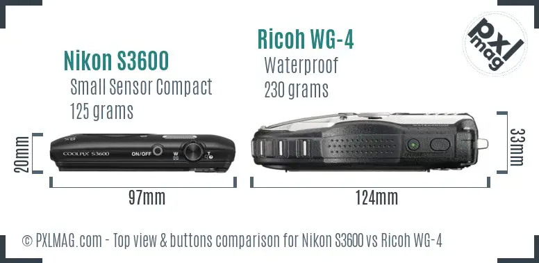 Nikon S3600 vs Ricoh WG-4 top view buttons comparison