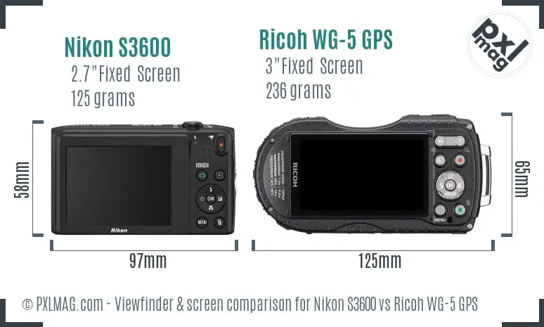 Nikon S3600 vs Ricoh WG-5 GPS Screen and Viewfinder comparison
