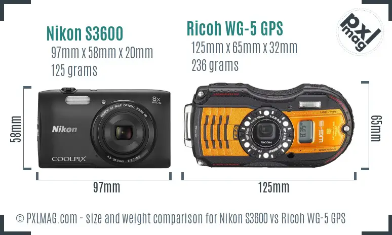 Nikon S3600 vs Ricoh WG-5 GPS size comparison