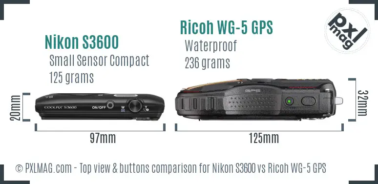 Nikon S3600 vs Ricoh WG-5 GPS top view buttons comparison