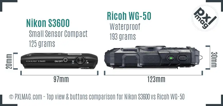 Nikon S3600 vs Ricoh WG-50 top view buttons comparison