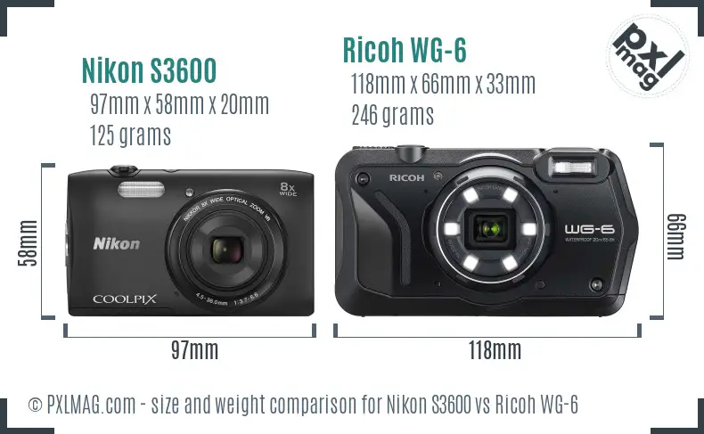 Nikon S3600 vs Ricoh WG-6 size comparison