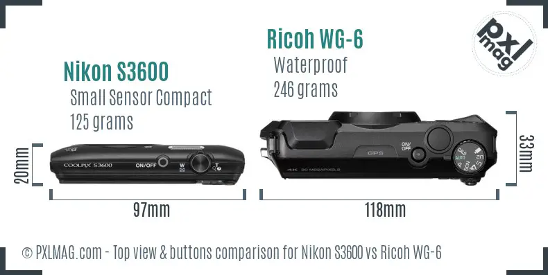 Nikon S3600 vs Ricoh WG-6 top view buttons comparison
