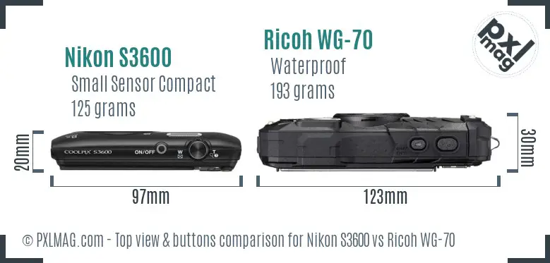 Nikon S3600 vs Ricoh WG-70 top view buttons comparison Nikon S3600 vs Ricoh WG-70 top view buttons comparison